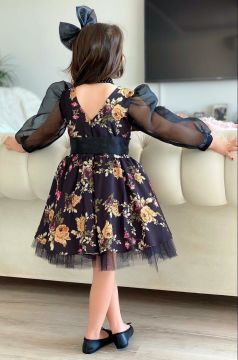 Kız Çocuk Black Flowers Tütülü Elbise