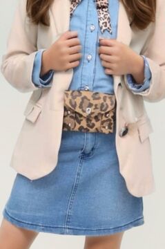 Kız Çocuk Leopar Desenli Fiyonk Detaylı Kot Gömlek Bej Blazer Ceket Etekli Takım