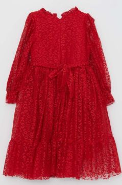 Kız Çocuk Yakası Fırfırlı Transparan Detaylı Desenli Kırmızı Elbise 6-9Yaş