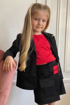 Kız Çocuk Sıfır Kol Bluzlu ve Çift Kemer Detaylı Kırmızı Etekli Takım