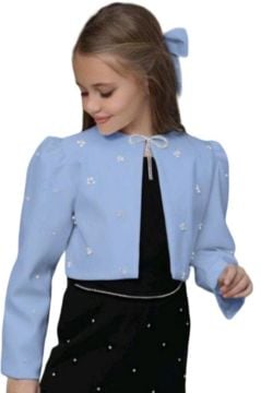 Kız Çocuk Üzeri Taş İşlemeli Etek Askılı Penye Bluz ve Mavi Blazer Ceket Etekli Takım