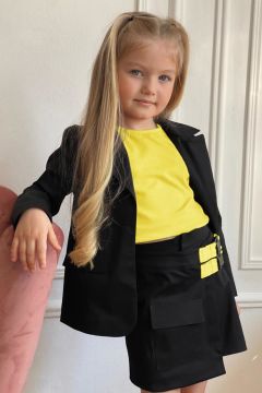 Kız Çocuk Sıfır Kol Bluzlu ve Çift Kemer Detaylı Sarı Etekli Takım