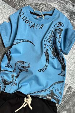 Erkek Çocuk Dinosaur Yazı ve Görsel Baskılı Suprem Mavi Tişört Şortlu Takım
