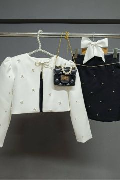Kız Çocuk Üzeri Taş İşlemeli Etek Askılı Penye Bluz ve Beyaz Blazer Ceket Etekli Takım