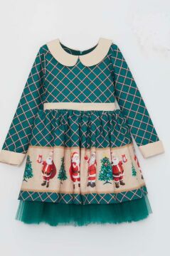Kız Çocuk Bebe Yaka Noel Baba Baskılı Kareli Yeşil Elbise