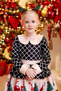 Kız Çocuk Bebe Yaka Noel Baba Baskılı Kareli Siyah Elbise