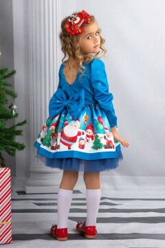 Kız Çocuk Christmas Baskılı Geyik Taçlı Tüllü Mavi Elbise 2-8Yaş