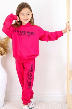 Kız Çocuk Love And Hope Basklı Penye Sweatshirt Fuşya Eşofman Takım