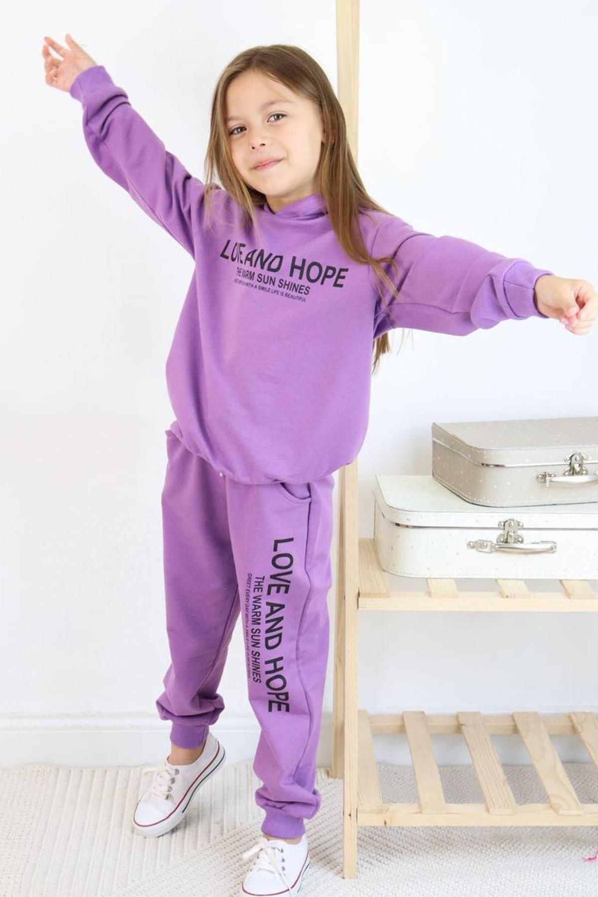 Kız Çocuk Love And Hope Basklı Penye Sweatshirt Mor Eşofman Takım