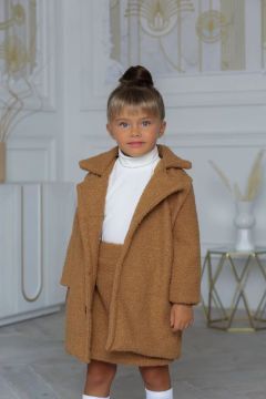 Kız Çocuk Peluş Ceketli Bluzlu ve Bandanalı Kahverengi Etekli Takım