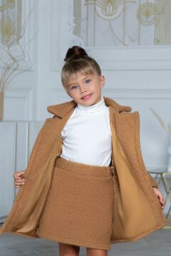 Kız Çocuk Peluş Ceketli Bluzlu ve Bandanalı Kahverengi Etekli Takım