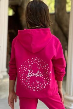 Kız Çocuk Barbie Baskılı Kapüşonlu Sweatshirt İspanyol Paçalı Pembe Eşofman Takım