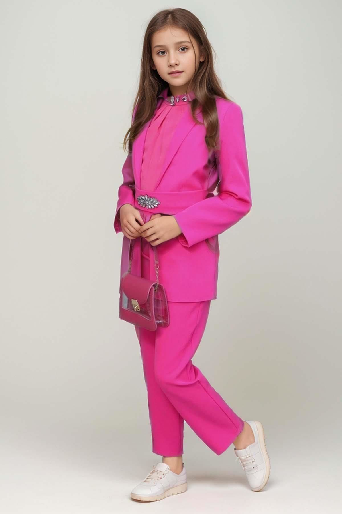 Kız Çocuk Yakası Taş İşlemeli Kolsuz Bluz Kemerli Blazer Ceket Pantolon Fuchsia Alt Üst Takım