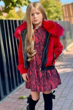 Kız Çocuk Yakası Kürklü Deri Detaylı Peluş Ceket ve Desenli Kırmızı Elbise