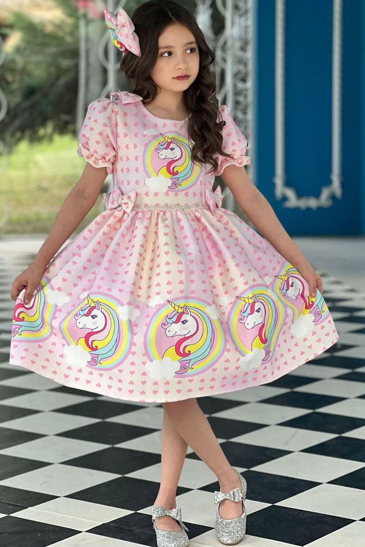 Kız Çocuk Unicorn Baskılı Kalp Desenli Yarım Kollu Pembe Elbise 2-10Yaş