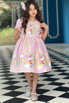 Kız Çocuk Unicorn Baskılı Kalp Desenli Yarım Kollu Pembe Elbise 2-10Yaş