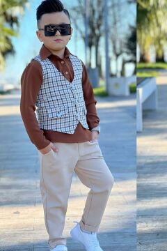 Erkek Çocuk Çizgili Cepken ve Gömlek Yaka Kahverengi Bluz Alt Üst Takım