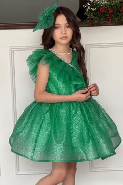 Kız Çocuk Yakası Fırfır Detaylı Taş İşlemeli Simli Yeşil Abiye