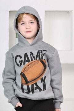 Erkek Çocuk Üzerinde Top ve Game Day Yazı Baskılı Sweatshirt 3 İplik Gri Eşofman Takım