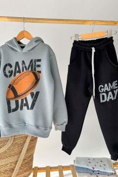 Erkek Çocuk Üzerinde Top ve Game Day Yazı Baskılı Sweatshirt 3 İplik Gri Eşofman Takım