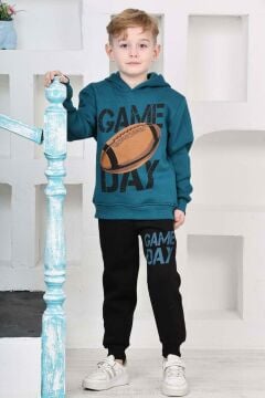 Erkek Çocuk Üzerinde Top ve Game Day Yazı Baskılı Sweatshirt 3 İplik Lacivert Eşofman Takım