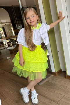 Kız Çocuk Güpür İşlemeli Kapüşonlu Kat Kat Tüllü Neon Sarı Etekli Takım