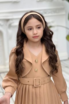 Kız Çocuk Blazer Ceketli V Yakalı Düğmeli Piliseli Kahverengi Elbise 5-12 Yaş