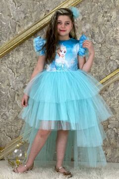 Kız Çocuk Elsa Baskılı Kat Kat Tüllü Arkadan Fiyonk Detaylı Turkuaz Elbise 7-10 Yaş