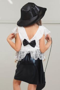Kız Çocuk Güpür İşlemeli Sırtı Fiyonk Detaylı Bluz ve Deri Etek Siyah Etekli Takım
