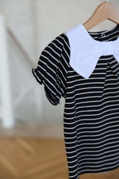 Kız Bebek Yakası Fiyonk Detaylı Çizgili Siyah Tişört