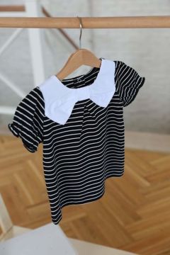 Kız Bebek Yakası Fiyonk Detaylı Çizgili Siyah Tişört