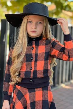 Kız Çocuk Şapkalı Kare Desenli Turuncu Etekli Takım 3-12 Yaş