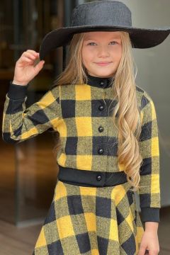Kız Çocuk Şapkalı Kare Desenli Sarı Etekli Takım 3-12 Yaş