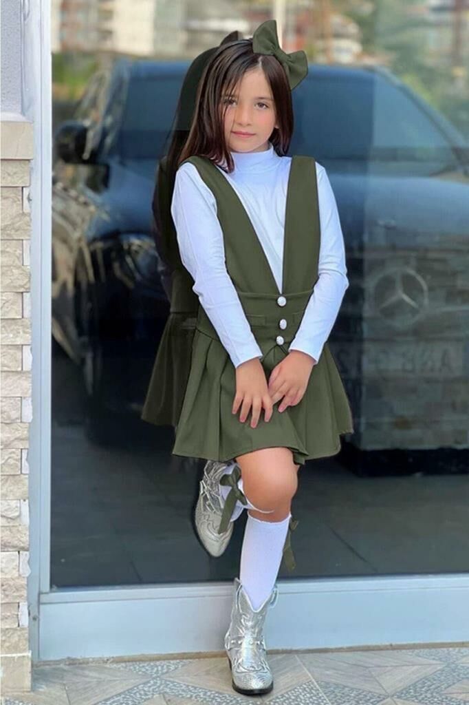 Kız Çocuk Önü Düğmeli Cep Detaylı Eteği Fırfırlı Salopet Yeşil Elbise