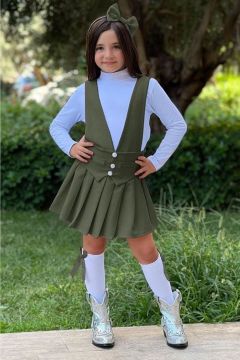 Kız Çocuk Önü Düğmeli Cep Detaylı Eteği Fırfırlı Salopet Yeşil Elbise