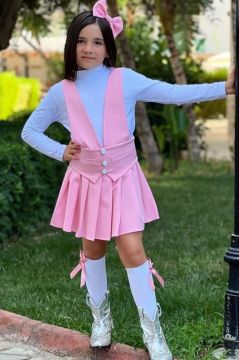 Kız Çocuk Önü Düğmeli Cep Detaylı Eteği Fırfırlı Salopet Pembe Elbise