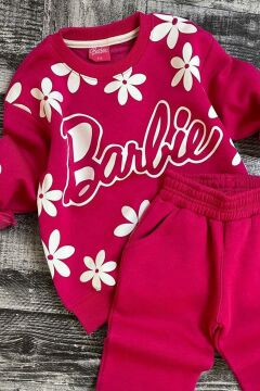 Kız Çocuk Çiçek ve Barbie Yazı Baskılı Şardonlu Fuşya  Eşofman Takım
