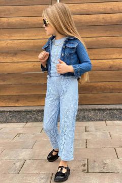 Kız Çocuk Kot Ceket ve Boydan Üzeri Dantel İşlemeli Transparan İçi Astarlı Mavi Tulum