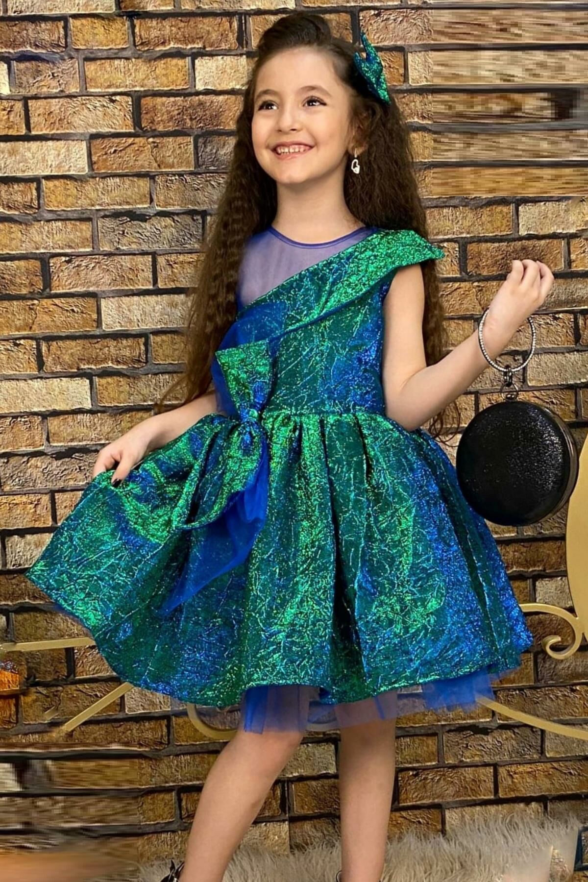 Kız Çocuk Mix Color Tül Detaylı Belden Bağlamalı Mavi Abiye