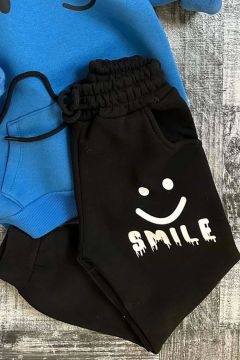 Erkek Çocuk Kapüşonlu Smile Baskılı Şardonlu Mavi Eşofman Takım