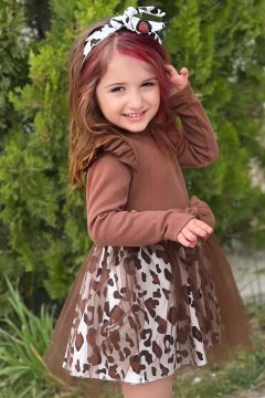 Kız Çocuk Leopar Desenli Tül Detaylı Kahverengi Elbise
