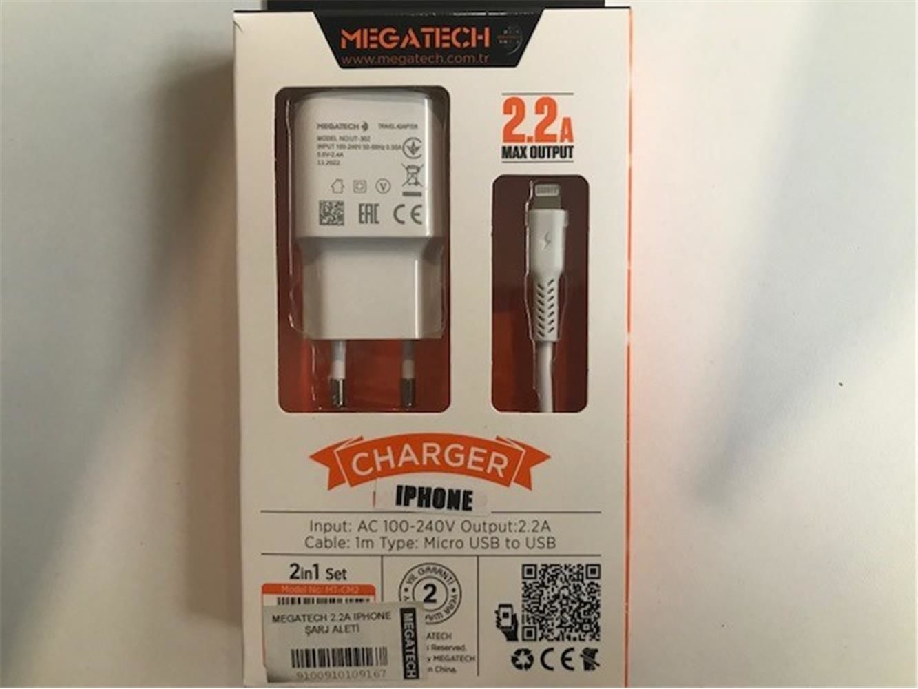 Megatech Mt-Cm2 Eco 2.2A İphone Kablo+Ev Şarj Kafa  Hızlı Şarj