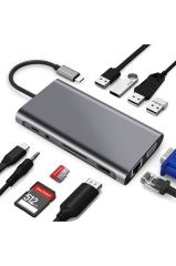 Daytona Fc31 11ın1 Type-c Usb-c To 4-Usb3.0 4k Hdmı Vga 1000 Mbps Rj45 Pd Aux Sd Tf Kart Çevirici