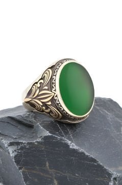 Yeşil Akik Taşlı Gümüş Erkek Yüzük
