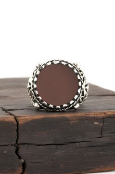 Akik Taşlı El İşi Hayat Ağacı Desenli Gümüş Yüzük