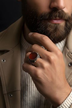 Akik Taşlı El İşi Hayat Ağacı Desenli Gümüş Yüzük