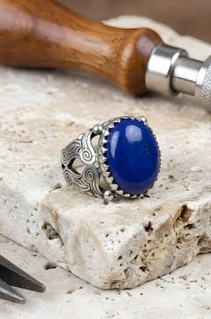Bora Model El İşi Lapis Lazuli Taşlı Gümüş Yüzük