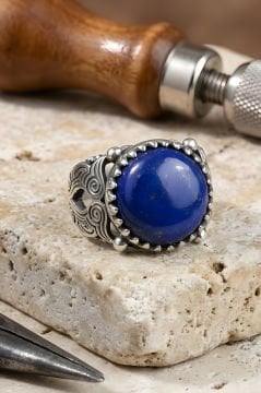 Bora Model El İşi Lapis Lazuli Taşlı Gümüş Yüzük