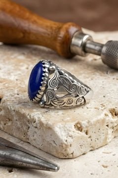 Bora Model El İşi Lapis Lazuli Taşlı Gümüş Yüzük