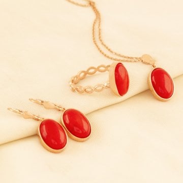 Mercan Taşlı El İşi Minimal Model Gümüş 3'lü Set